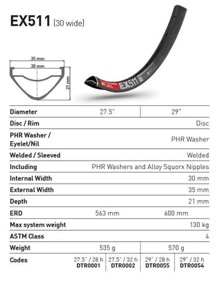 DT Swiss Rim EX511 27.5 28H 30 Wide