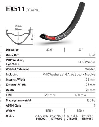 DT Swiss Rim EX511 27.5 32H 30 Wide