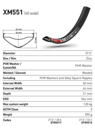 DT Swiss Rim XM551 27.5 28H 40 Wide