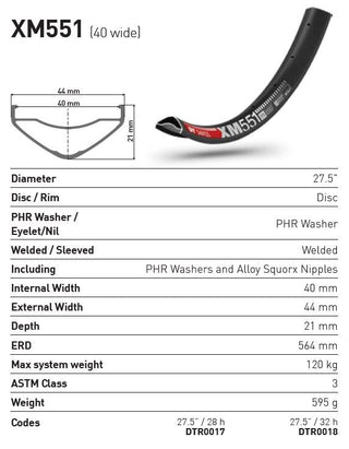 DT Swiss RIM XM551 27.5 32H 40 Wide