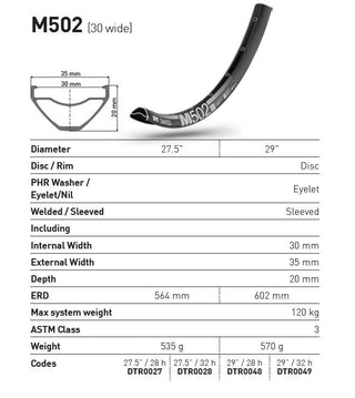 DT Swiss Rim M502 27.5 28h 30 Wide