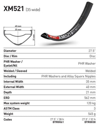 DT Swiss Rim XM521 27.5 32H 35 Wide