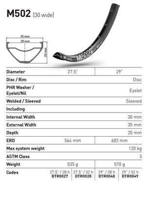 DT Swiss Rim M502 29 28H 30 Wide