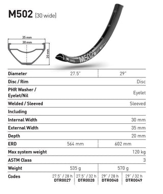 DT Swiss Rim M502 29 32H 30 Wide