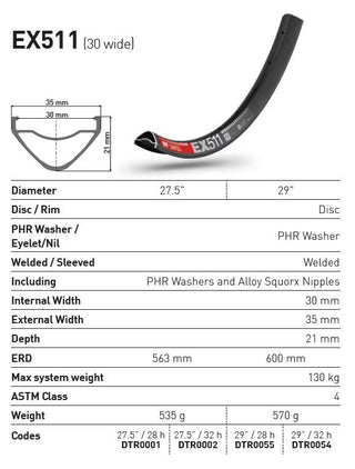 DT Swiss Rim EX511 29 28H 30 Wide
