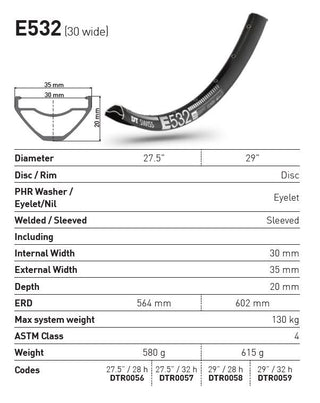 DT Swiss Rim E532 30 wide 27.5 28H - Black