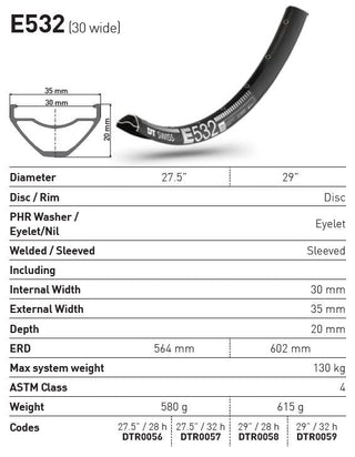 DT Swiss Rim E532 30 Wide 29 28H - Black