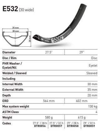 DT Swiss Rim E532 30 Wide 29 32H - Black