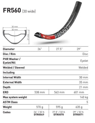 DT Swiss Rim FR560 26 32H 30 Wide
