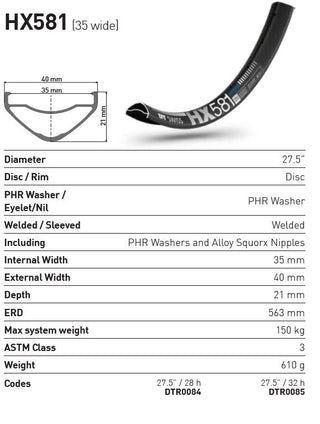 DT Swiss Rim HX581 27.5 35 Wide 28H