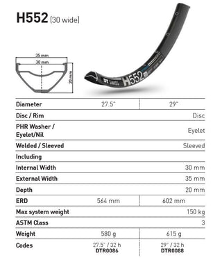 DT Swiss Rim H552 27.5 30 Wide 32H