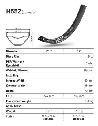 DT Swiss Rim H552 29 30 Wide 32H