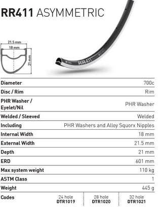 DT Swiss Rim RR411 Asymmetric 24h 700c - Black