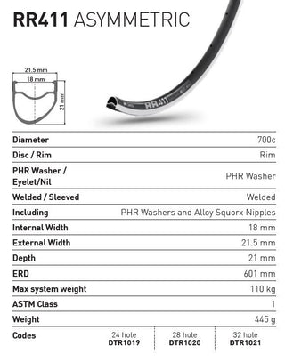 DT Swiss Rim RR411 Asymmetric 28h 700c - Black