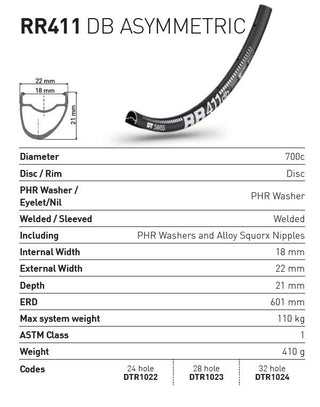 DT Swiss Rim RR411 Asymmetric 24h Disc DB 700c