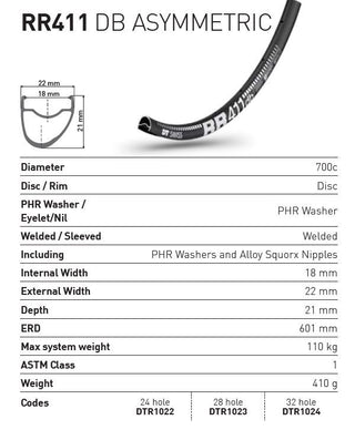 DT Swiss Rim RR411 Asymmetric 28h Disc DB 700c
