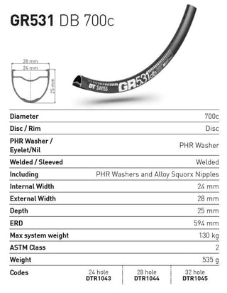 DT Swiss Rim GR531 700c DB 24h 24 Wide - Black