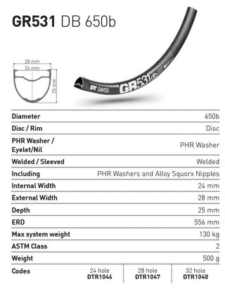 DT Swiss Rim GR531 650b DB 32h 24 Wide - Black